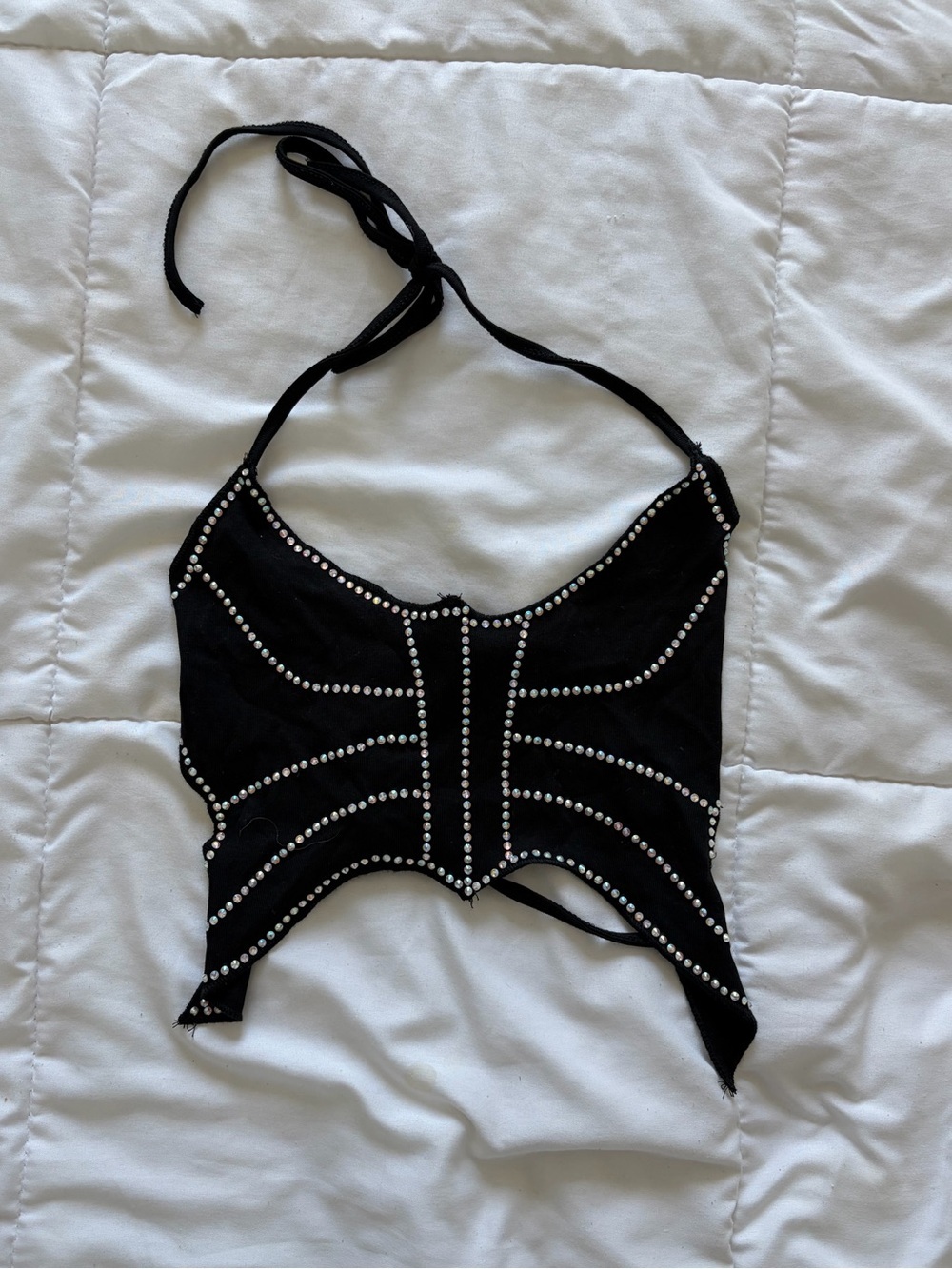 Black Rhinestone Butterfly Halter Y2K Crop Top XS